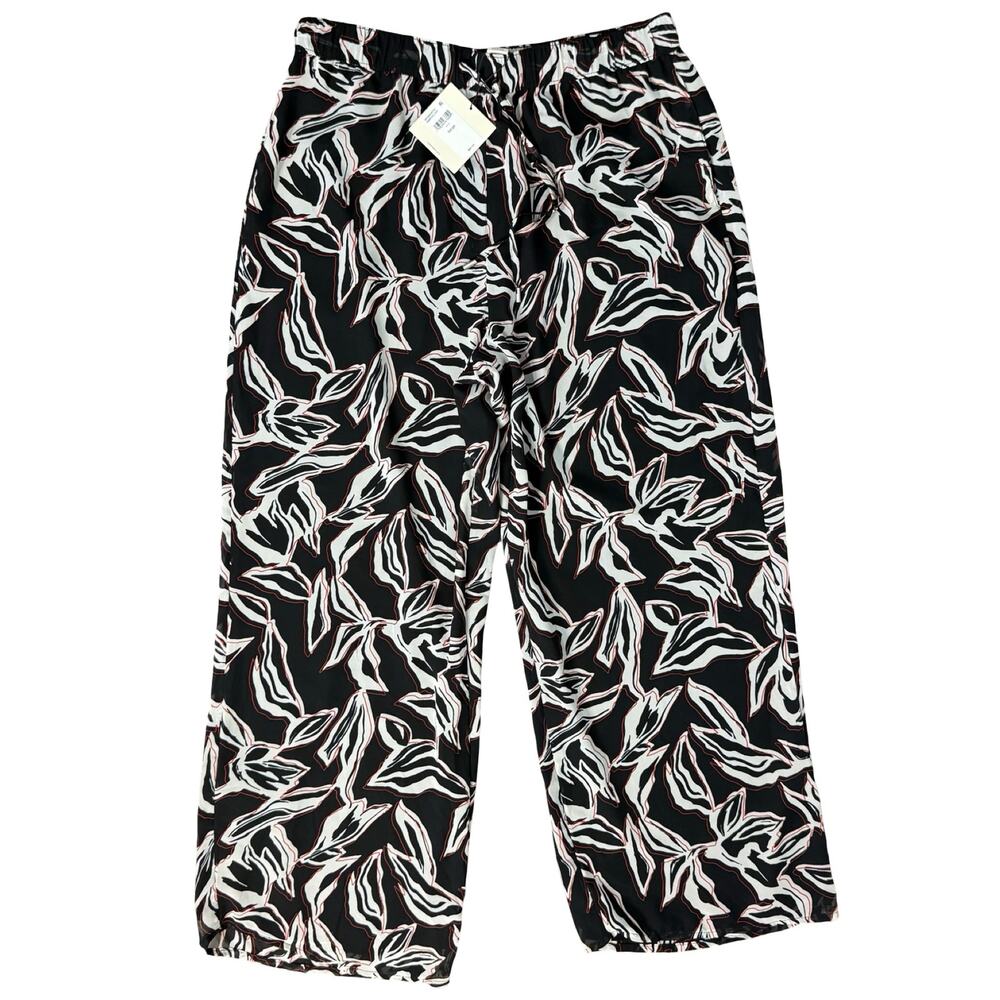 Calvin Klein Black White Red Floral Leaf Crepe Wide Leg Pants size L NEW Tags